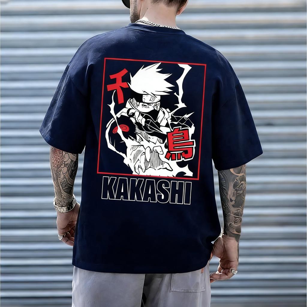 Naruto Kakashi Senkaku Raicut Pattern Tshirt for Men with Anime Printed Short Sleeve High Quality Trendy Fashion Cotton Top