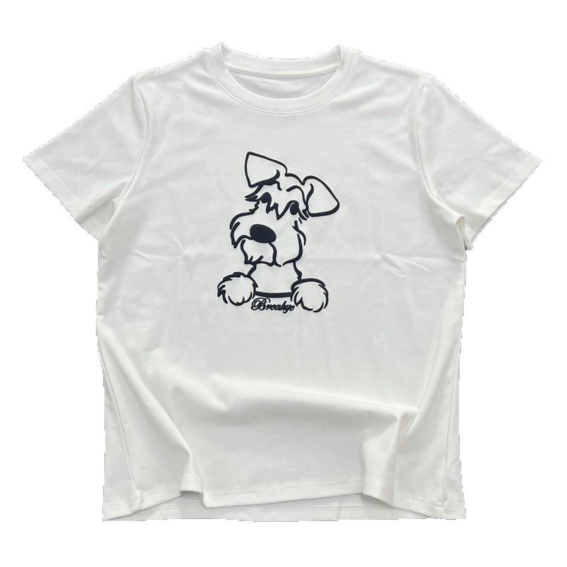 Women's White Round Neck Puppy Print T-Shirt - Short Sleeve, Loose, Versatile, Slimming Top for Spring/Summer
