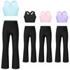 Kids Girls Sleeveless U Neck Shoulder Straps Cross At Rear Crop Top with Pants for Dance Gym Sports
