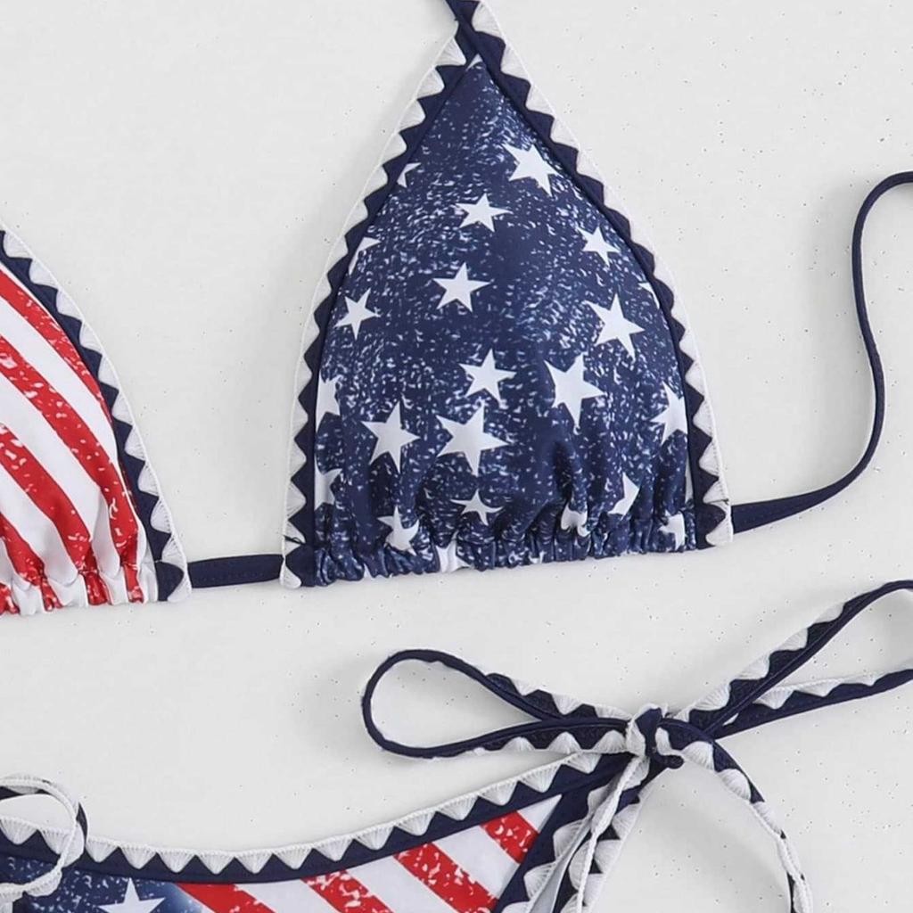 1011 European and American hot-selling American retro polished white stars and stripes wavy small lace neck strap sexy split swimsuit