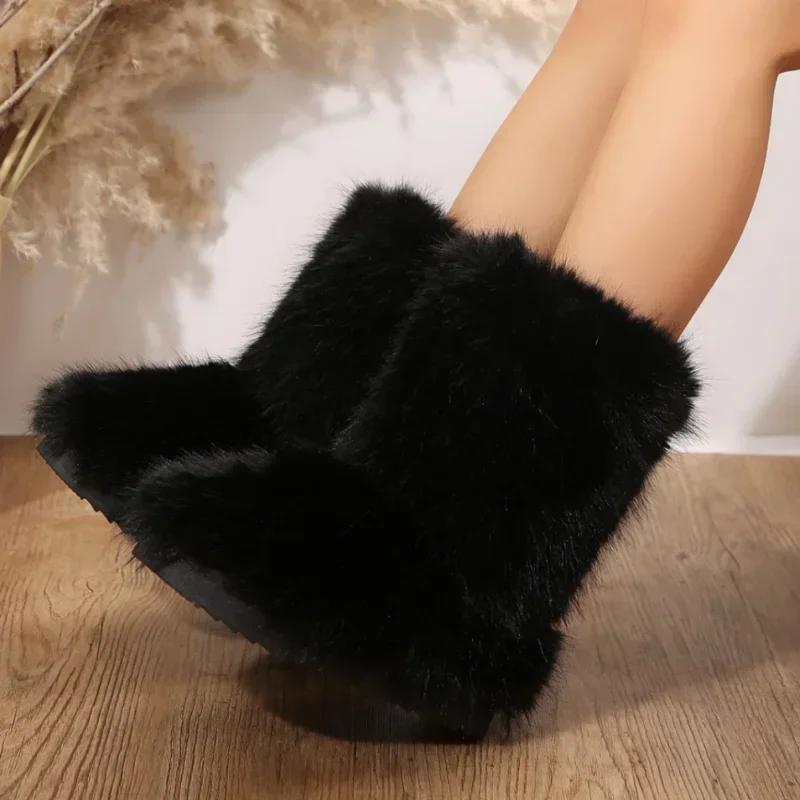 Женские зимние лыжные ботинки Slip on, женские, средней длины, на платформе, с круглым носком, плюшевые, теплые, на среднем каблуке, повседневные, женские, пушистые, мохнатые, зимние ботинки