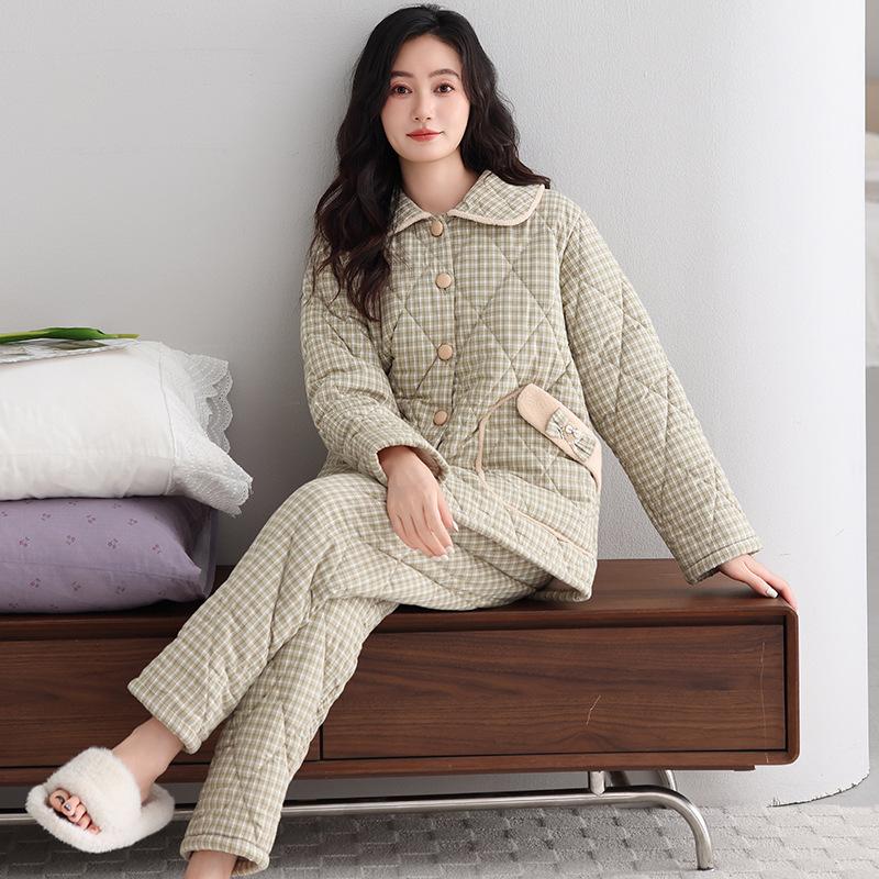 Winter pajamas women's new woven plaid clip padded jacket three-layer warm suit velvet thickened outer wear loungewear