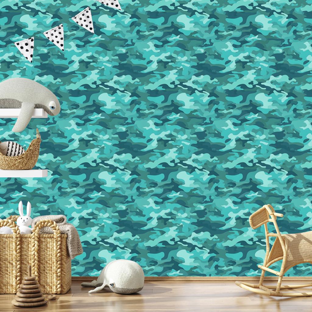 Turquoise and Navy Military Camouflage Wallpaper for Living Room and Bedroom 50x1000