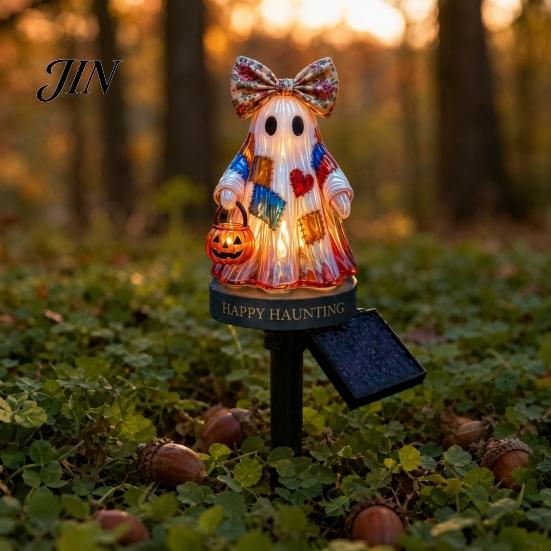 Terrace Garden Light Solar Ghost Stake Light, Halloween Pumpkin Lantern with Bow Indoor Window Decoration Decor, Waterproof Resin Outdoor Yard
