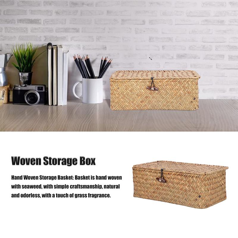 Woven Storage Baskets Wicker Storage with Lid Woven Storage Box Woven Natural Reed Storage Basket for Bookshelves Desks