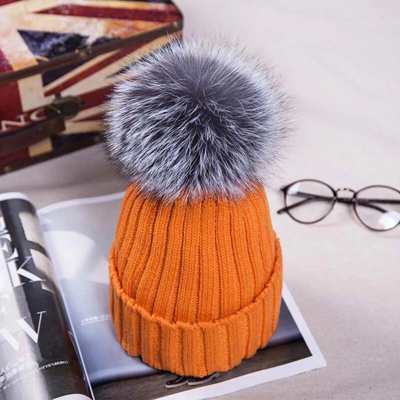 Winter Knitted Hats with Faux Fox Fur Ball Tops Women Pom Pom Beanies Warm Cap Casual Women's Fur Hat Fashion