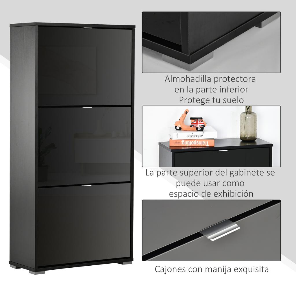 Shoe Cabinet, 3 Drawers, for 18 Pairs, 60x26x124cm, Black