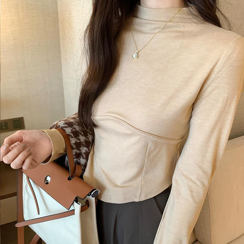 Женская весенне-осенняя новая облегающая укороченная рубашка с полувысоким воротником из протеинового бархата, мягкая к коже
