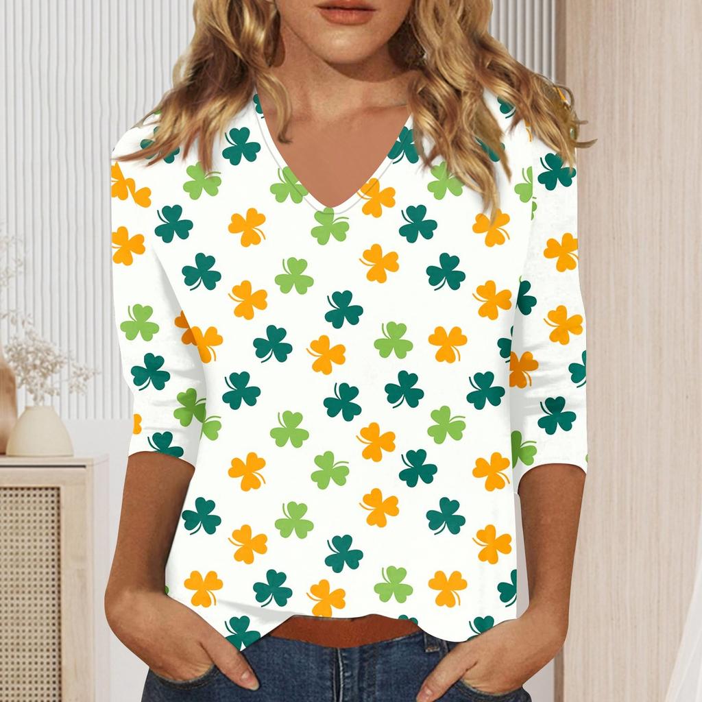Женская мода на каждый день Повседневная футболка с v-образным вырезом и семиточечным рукавом с принтом Топ