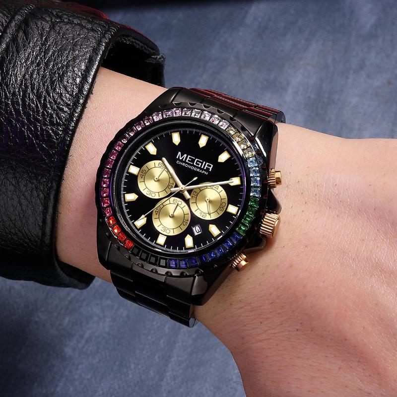 MEGIR Fashion Diamond Inlaid Rainbow Dial Watches Waterproof Luminous Calendar Multifunctional Quartz Watches
