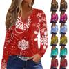 Women's Straight Shoulders Christmas Print Long Sleeve Straight Shoulders V-Neck Button T-Shirt Top