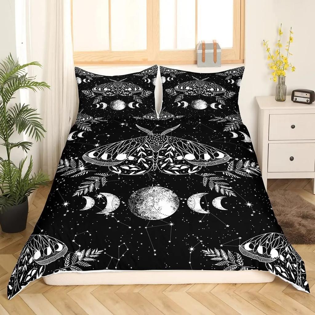 Death Moth Duvet Cover Set King Queen Full Twin Size Galaxy Sun and Moon Polyester Comforter Cover Boho Gothic Skull Bedding Set