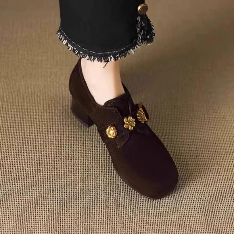 Металлическая Пряжка Блок Каблук Однотонная Обувь Мода Квадратный Носок Глубокий Вырез Замша Нескользящая Износостойкая Каблуки-Киттен