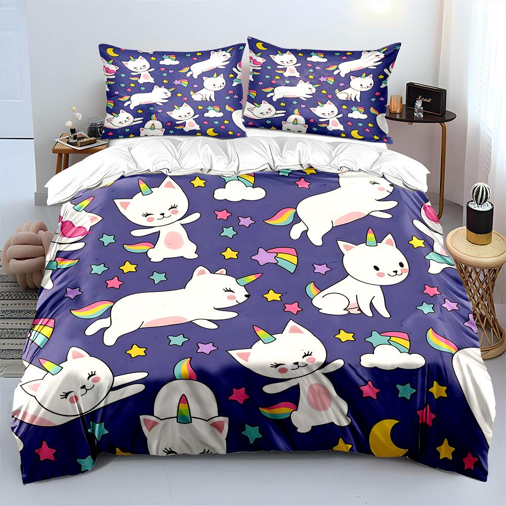 Unicorn cats and stars pattern Print Bedding Set 1 Duvet Cover 2 Pillowcases for Adult and Children Luxury Gift Full Size