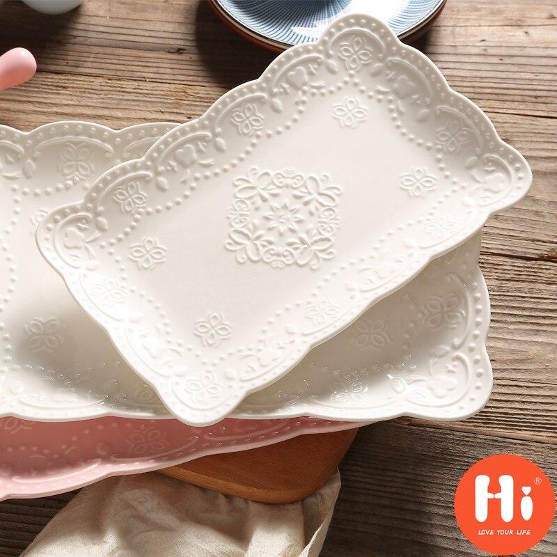 Hi Ceramic Embossed Dinner Steak Plate Breakfast Dish Afternoon Tea Fruit Dessert Tray Wedding Gift Tableware