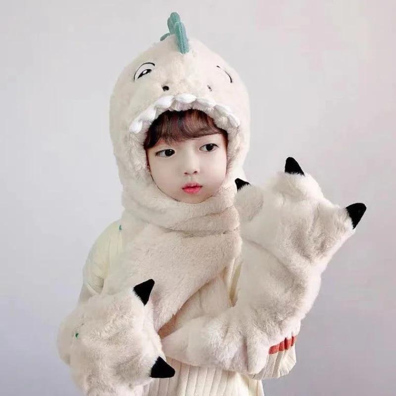 Hot Winter Children Warm One-piece Hat Boys Girls Winter Cartoon Dinosaur Plush Scarf One-piece Set Children Padded Cartoon Hat