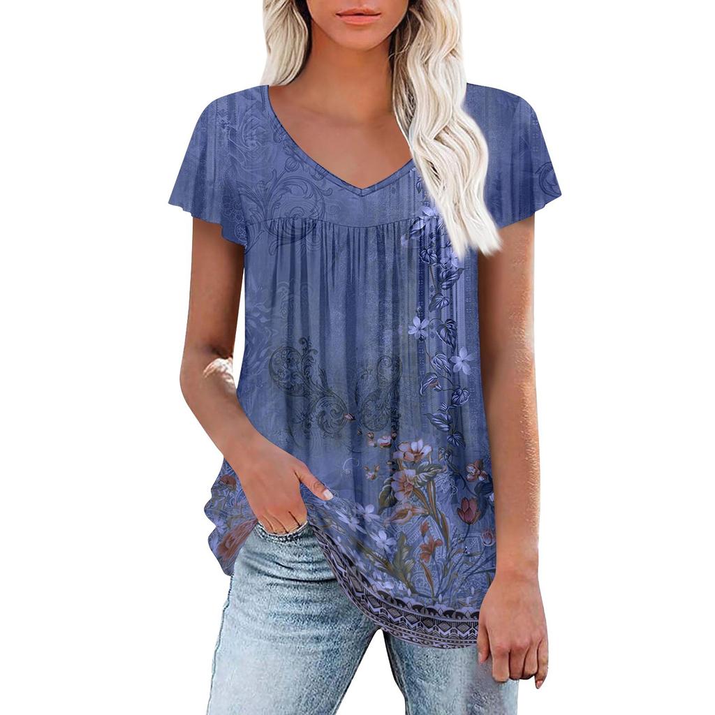 Женские туники, элегантные повседневные летние рубашки с коротким рукавом, цветочные свободные плиссированные топы в стиле бохо