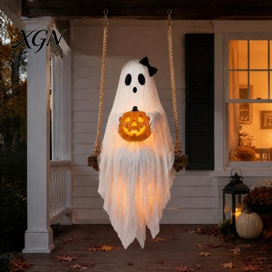 Halloween Party Supplies Lighted Ghost Swing with Glowing Pumpkin, Hanging Spooky Decor Realistic Scary Home Accents for Porch Yard, LED Floating