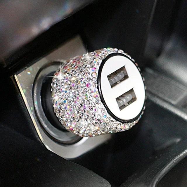 Блестящее USB-автомобильное зарядное устройство 5 В 2,1 А, двойной порт, быстрый адаптер, розовое автомобильное украшение, стайлинг автомобиля, бриллиантовые автомобильные аксессуары, интерьер для женщины