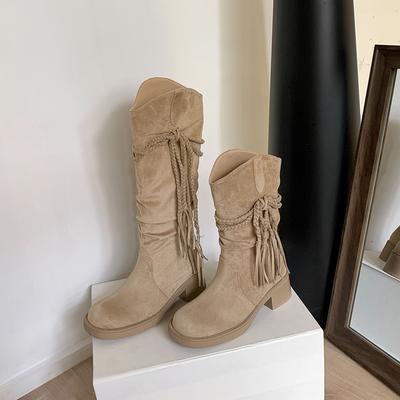 Новая версия из пятнистой коровьей кожи, египетские ботинки~ 2025 осень и зима бахрома толстый каблук полусапожки ковбойские сапоги в западном стиле