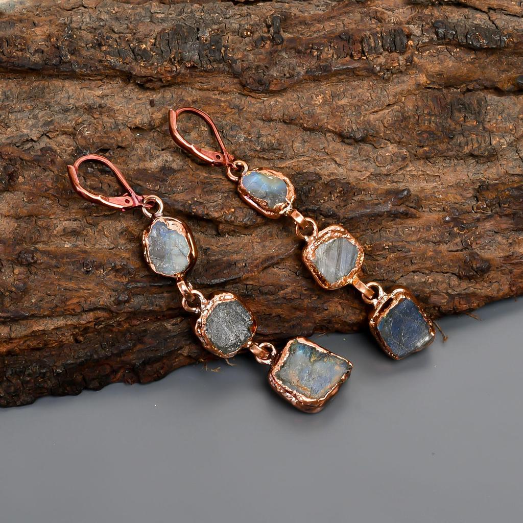 Natural Labradorite Multi Electroformed Earrings, Multicolor Drop & Dangle Earrings, Copper Jewelry, Anniversary Gift, Earrings For Mother