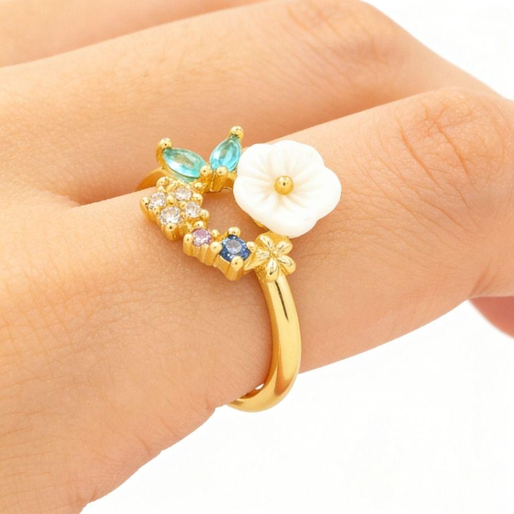 Unique Gold Color Flower Ring Exquisite Design Sparkling Inlaid Open-end Ring Sweet Crystal Zirconia Ring Vacation Accessories