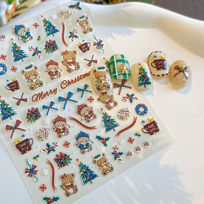3D милый медведь рождественский нейл-арт наклейка тисненая рождественская елка подарочная коробка ПВХ клей наклейки для нейл-арта маникюрный салон своими руками