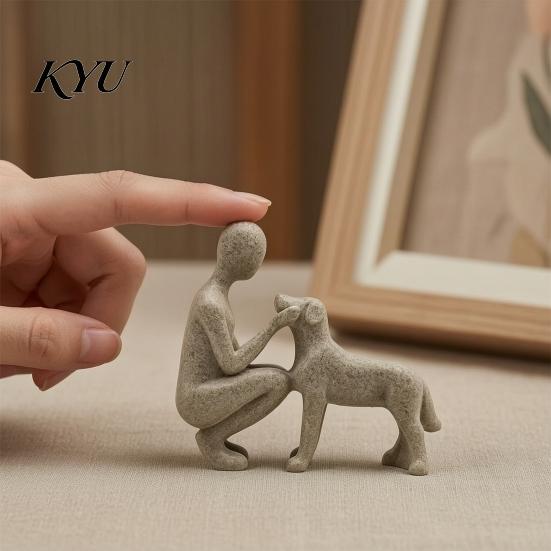 Decorative Shelf Statue for Pet Loss Abstract Human and Dog Resin Figurine, Sandstone Texture Bond Sculpture Memorial Keepsakes Parents Home