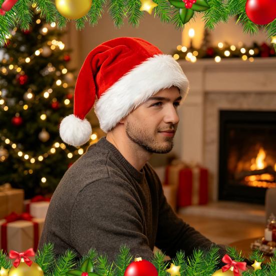 Comfortable Skin Friendly Caps Christmas Santa Hat, Flannel Plush Holiday Hat for Adults, Soft Thickened Family Gathering Party Hats Red White Velvet