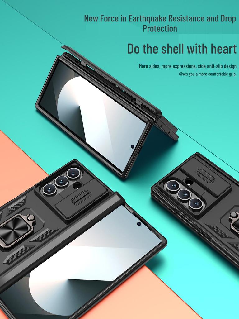 Чехол для телефона Samsung Z Fold - Совместим с Fold7/6/5, Защита объектива и шарнира, Чехол-книжка с держателем-кольцом