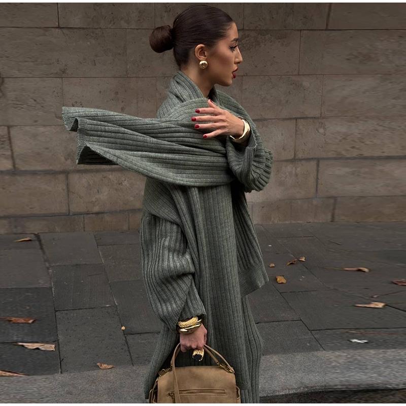 Свободные трикотажные женские комплекты с V-образным вырезом, длинным рукавом, шарфом, пуловером, длинными брюками, трикотажный женский костюм, осенне-зимние повседневные женские костюмы