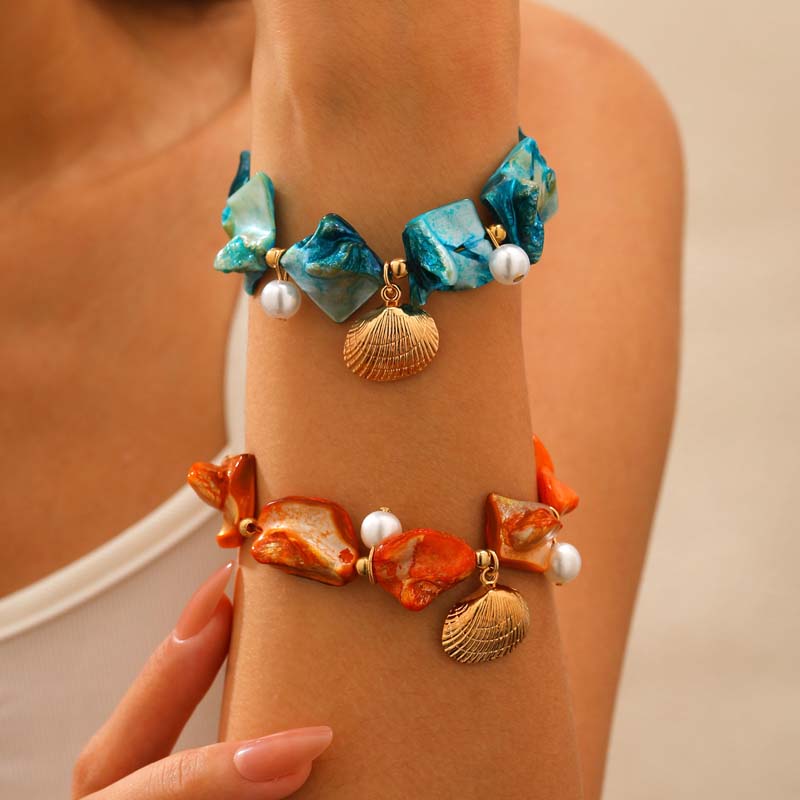 Bohemian Blue Shell Starfish Pendant Bracelet For Women Trendy Imitation Pearl Beaded Chain Bracelet Y2K Beach Zircon Gifts