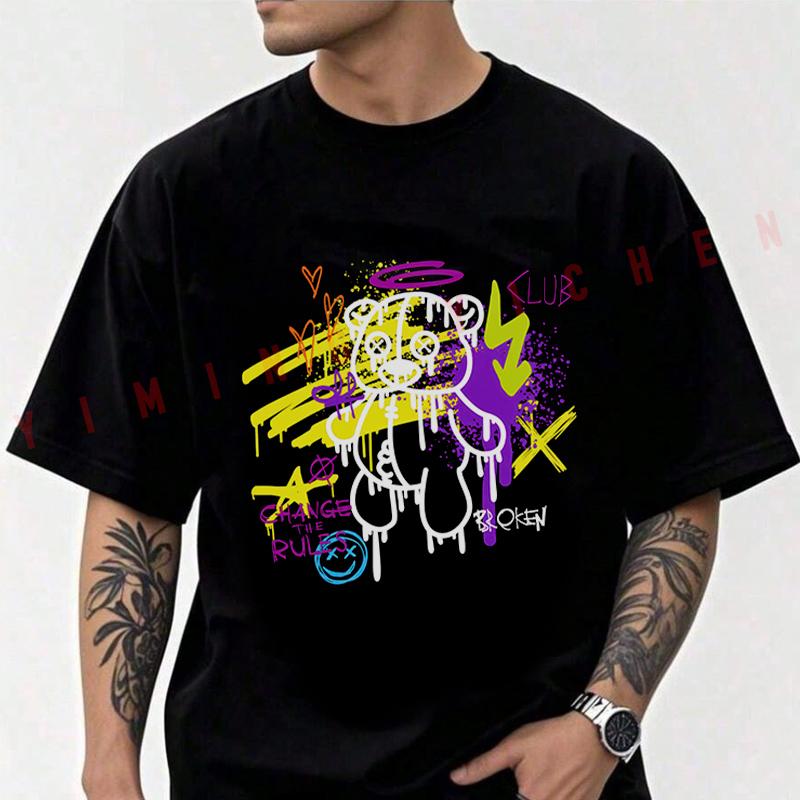 Bear Doll With Spray Effect Motorcycle Cotton Casual T-shirts Mens Summer Cycling Sportswear Top Tees 2026