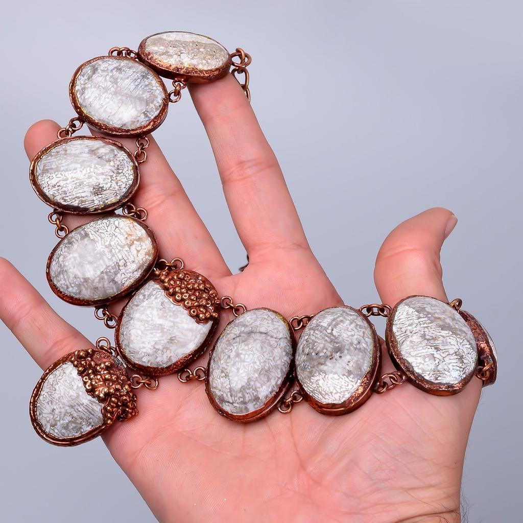 Friendship Day Deal Oval Fossil Coral Stone Copper Electroformed Chain Necklace V-86