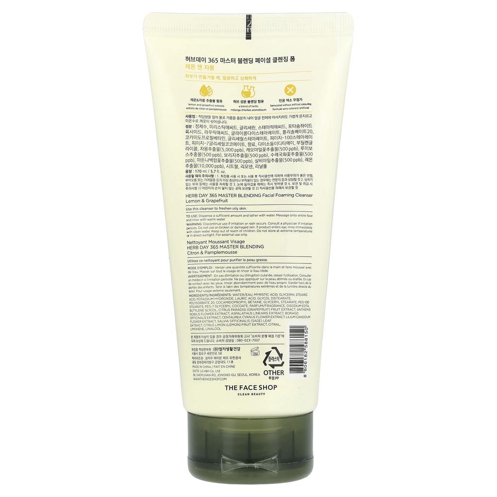 The Face Shop Herb Day 365, Facial Foaming Cleanser, Lemon & Grapefruit, 170ml (5.7 Fl Oz)