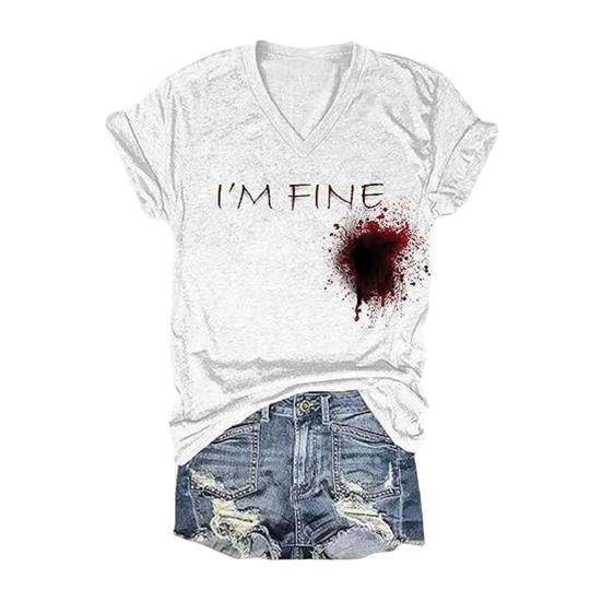 Хэллоуин Кровавая футболка Цифровая печать Пятна крови Текст Футболка Женские топы с V-образным вырезом Повседневная одежда Смешная одежда ужасов