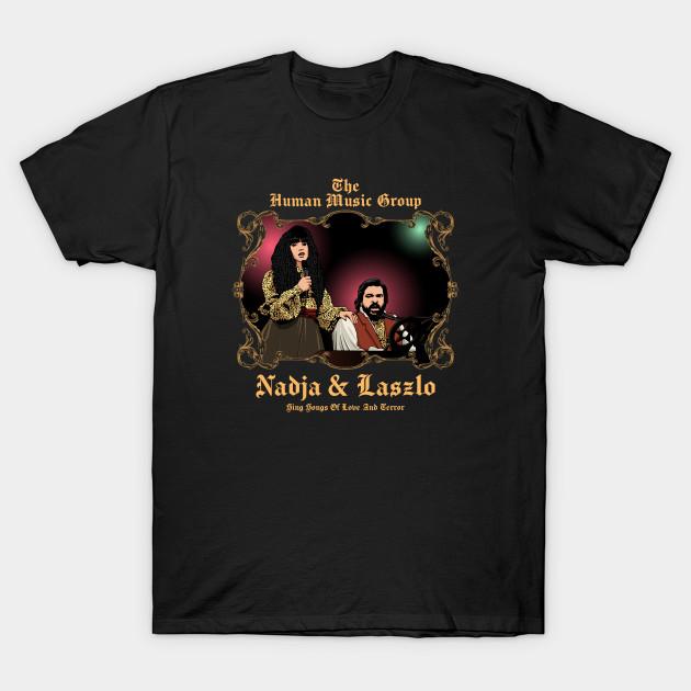 Men Black Print T-shirt Nadja And Laszlo The Human Music Group, What We Do In The Shadows No-Cut Transfer Paper Print Cotton Tshirt