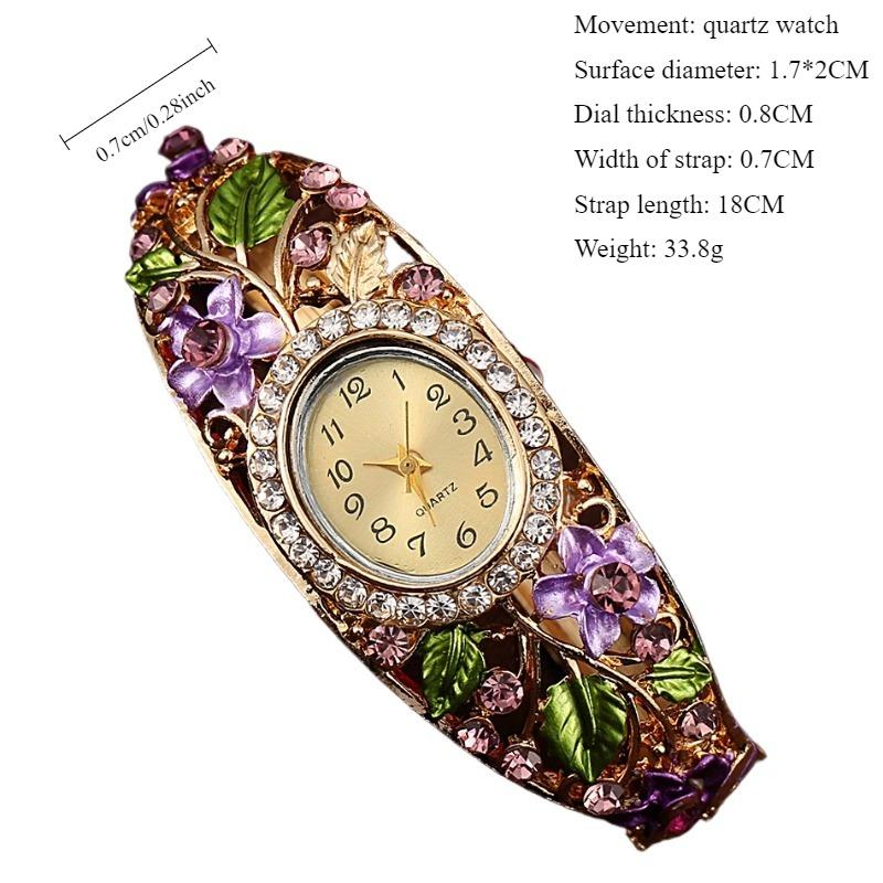 1шт браслет часы многоцветный кристалл цветочный узор браслет часы, деревенский аромат инкрустированный бриллиантами женский браслет