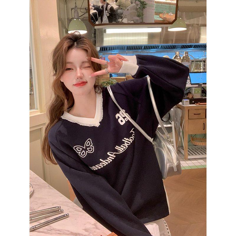 Women's Cotton Lace Trim Color Block V-Neck Sweatshirt – American College Style