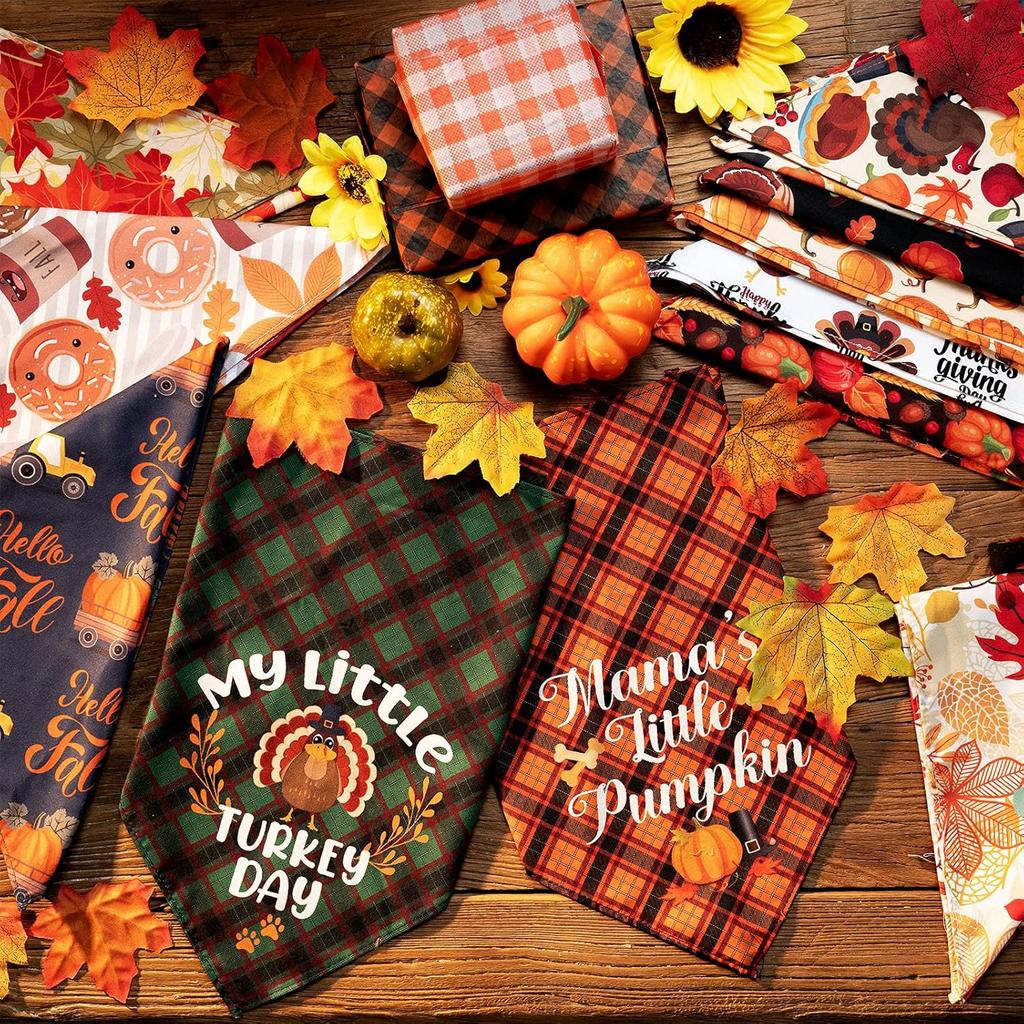 Xuniea 12 Pieces Fall Dog Bandanas Thanksgiving Day Bandanas for Dogs Maple Leaf Pumpkin Patterned Autumn Pet Triangle Kerchief Scarf Bibs for Small