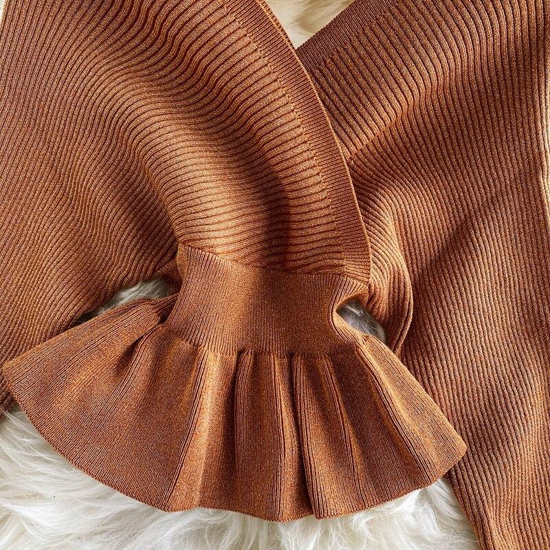 RUGOD Весенний новый яркий шелковый вязаный топ с v-образным вырезом и длинными рукавами, модный темпераментный короткий универсальный топ с тонкой спинкой и длинным рукавом