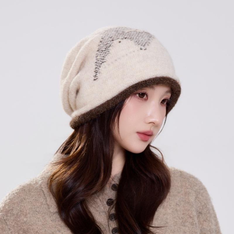 Autumn and winter thickened pile hat women's warm and cold-proof wool hat contrasting color crimped big head circumference bag head hat spot