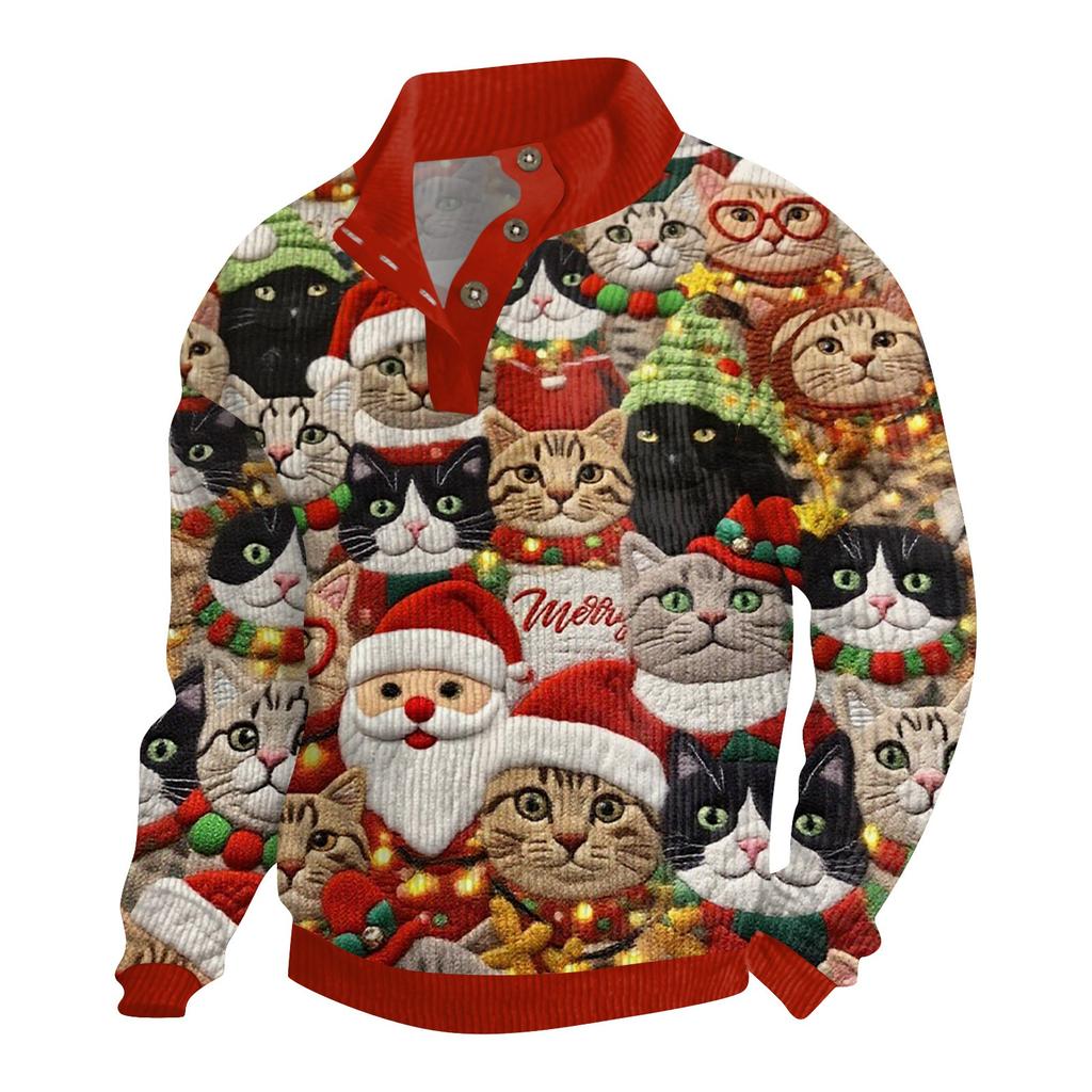 Men's Christmas Cotton Pullover Long Sleeve Outdoor Shirt Vintage Corduroy Button Stand Collar Shirt Casual Sweatshirt Christmas Print Top