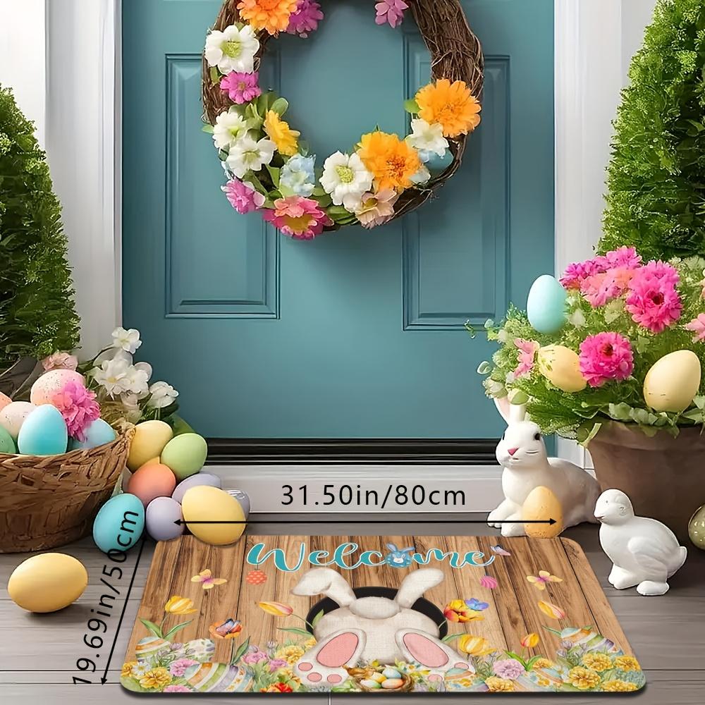 VIKAMA Easter Doormat with Colourful Eggs and Rabbit Tail Non-Slip Floor Mat for Indoor/Outdoor Entrances Festive Home Decor