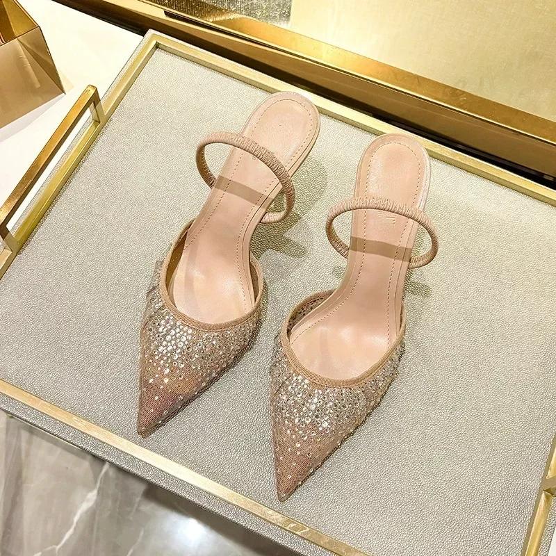 Fashion Luxury Designer Shiny Rhinestone Mesh Heeled Sandals Women Summer Sexy Pointed Toe Slingbacks Thin High Heels Elegant Dress Shoe
