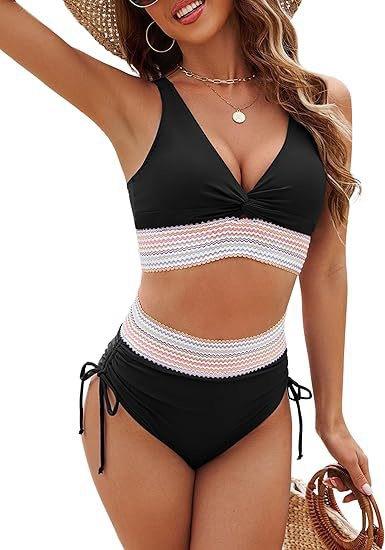 High Waist Split Bikini Women's Deep V Triangle Cup Webbing Side Drawstring Vacation Swimsuit Women's Tight Body