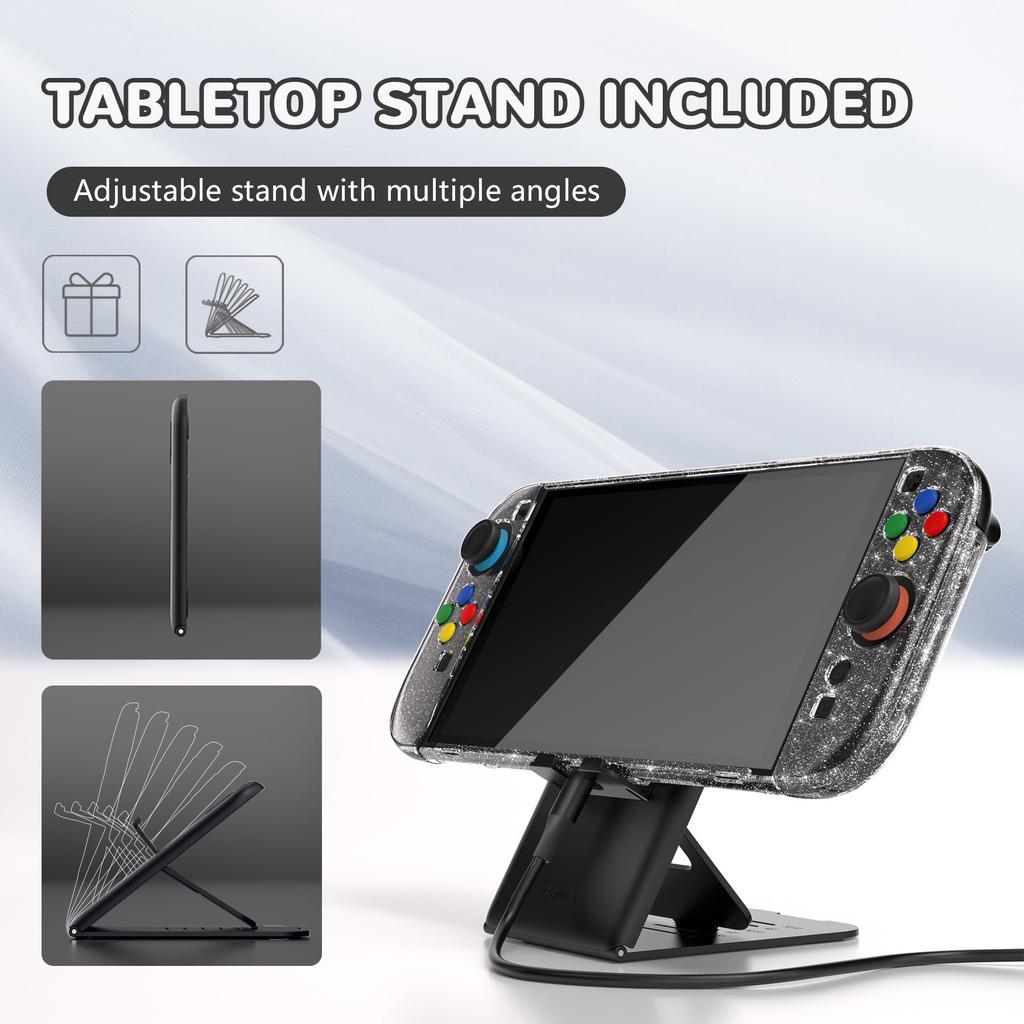 PlayVital Clear Series Clear Hard Shell Case for Switch 2 Dock Protective Cover with Folding Stand and Thumb Grips Glitter (2025), Compatible,