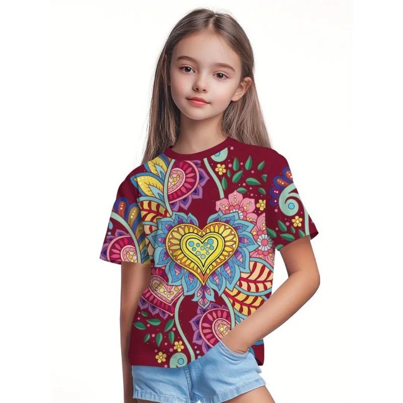 Красивая футболка для девочек Красивый цветочный 3D-принт Летняя мода Топы с круглым вырезом и короткими рукавами Повседневные футболки для детей