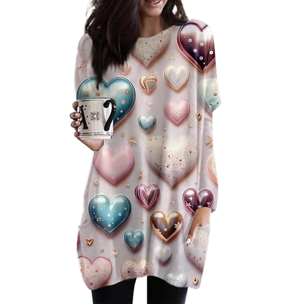 Женский модный повседневный топ с длинным рукавом и круглым вырезом ко Дню святого Валентина с принтом в виде сердца