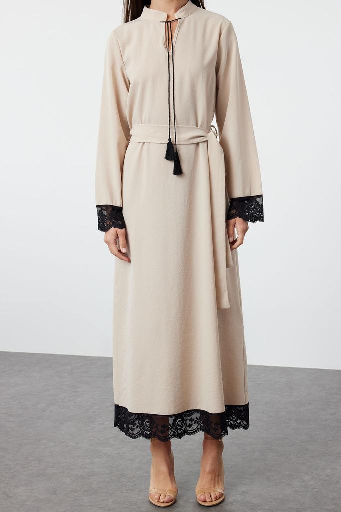 Women's Style Hijab Dress Ecru Sleeve Lace Detailed Woven Dress